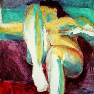 Canapé bordeau, huile sur papier, 65 x 100 cm