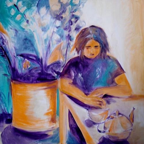 Nelly les fleurs, huile sur toile, 100 x 100 cm